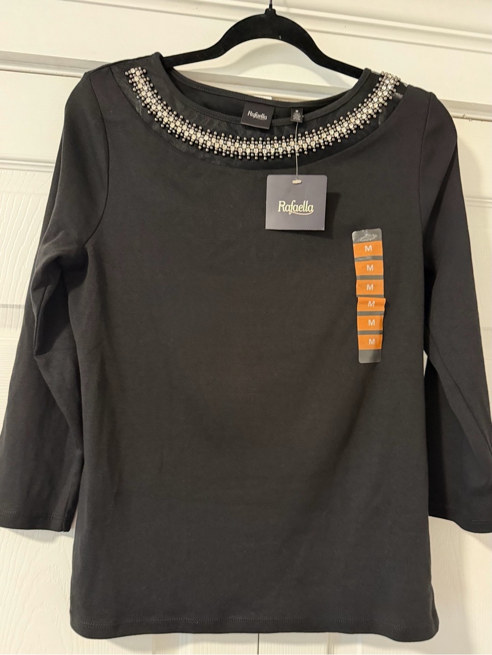 Rafaella Black Embellished Neck Three-Quarter Sleeve Top